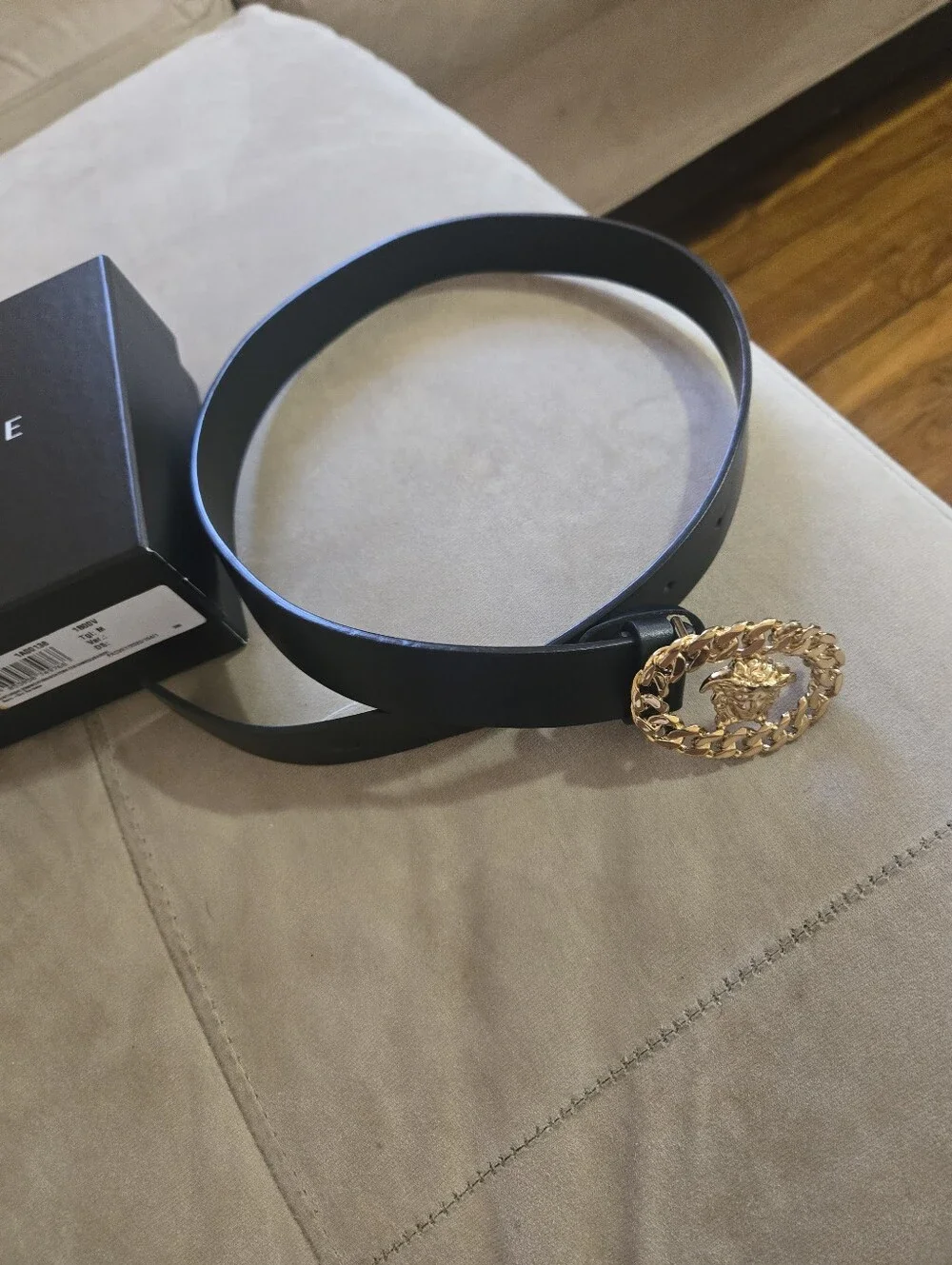 Gold Medusa Chain Buckle Black Leather Belt - Kids Versace